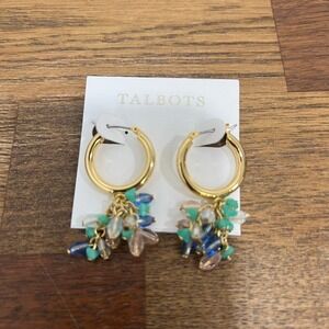 Talbots Womens Earrings NWT $29.50 Beaded Chunky Blue Gold Statement Hoop Tassel